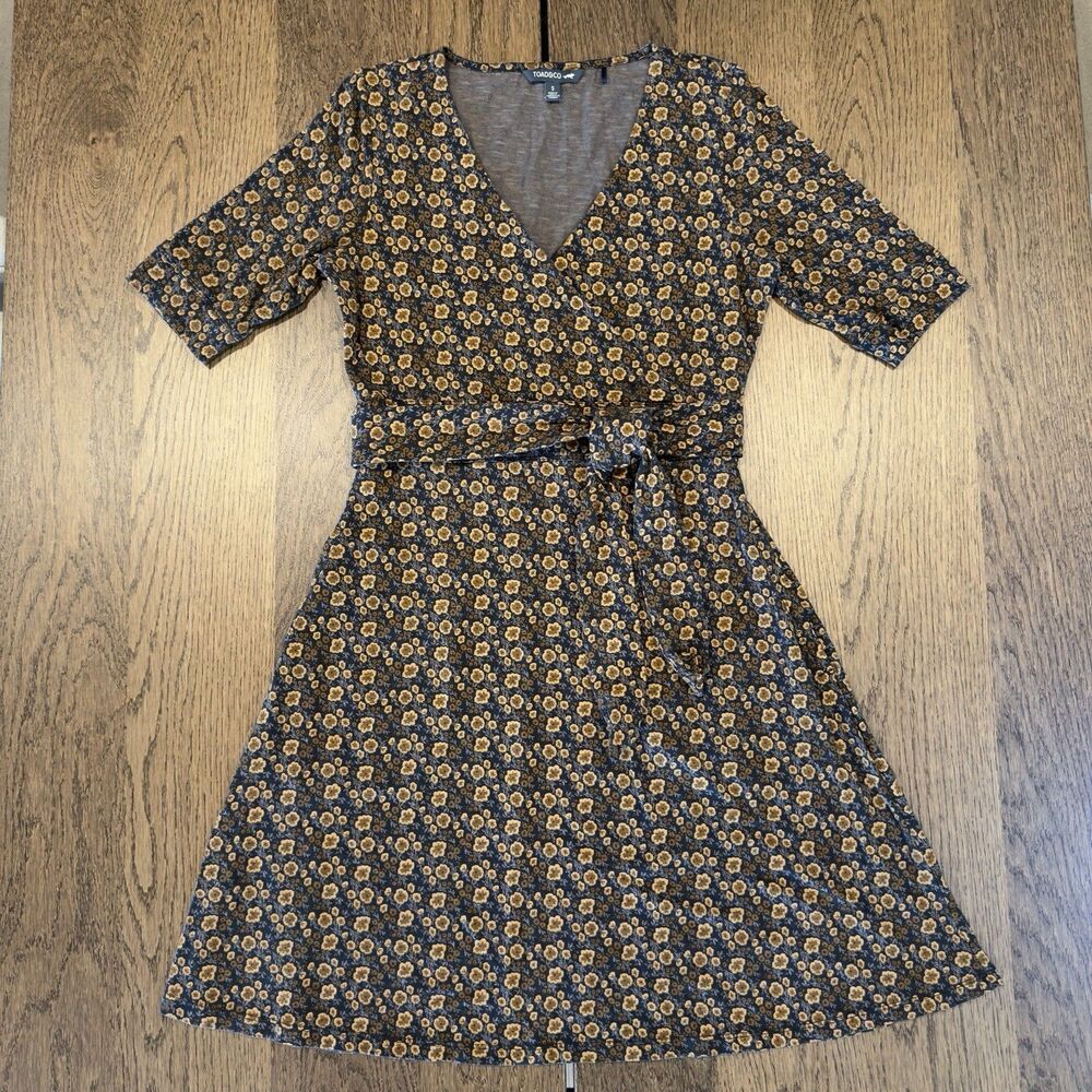 Toad & Co Cue Wrap Cafe Dress Womens Sz S Brown Floral Print V Neck Short Sleeve
